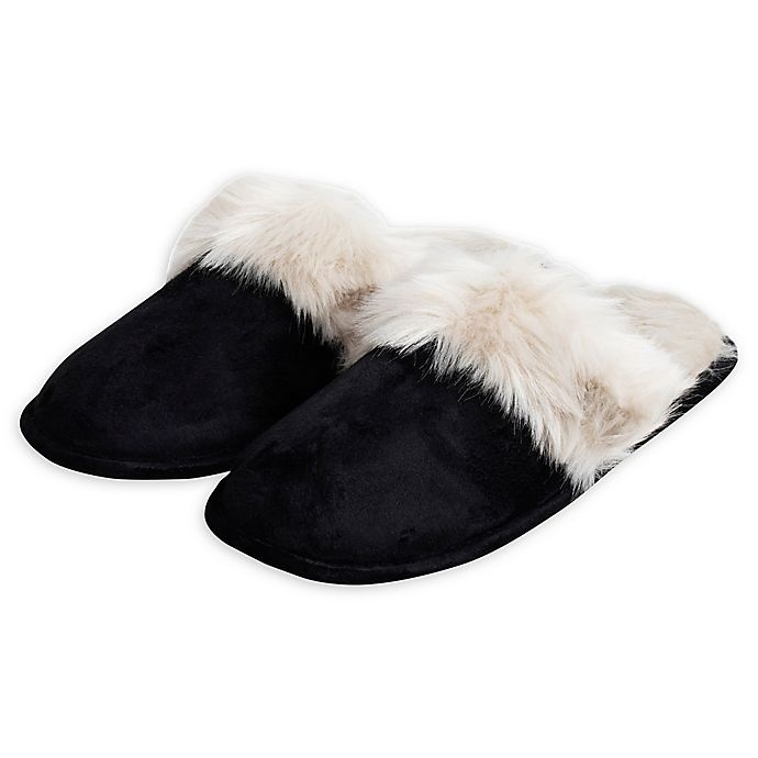 slide 1 of 1, Loft Living Small Women's Faux Fur Memory Foam Slippers - Black, 1 ct