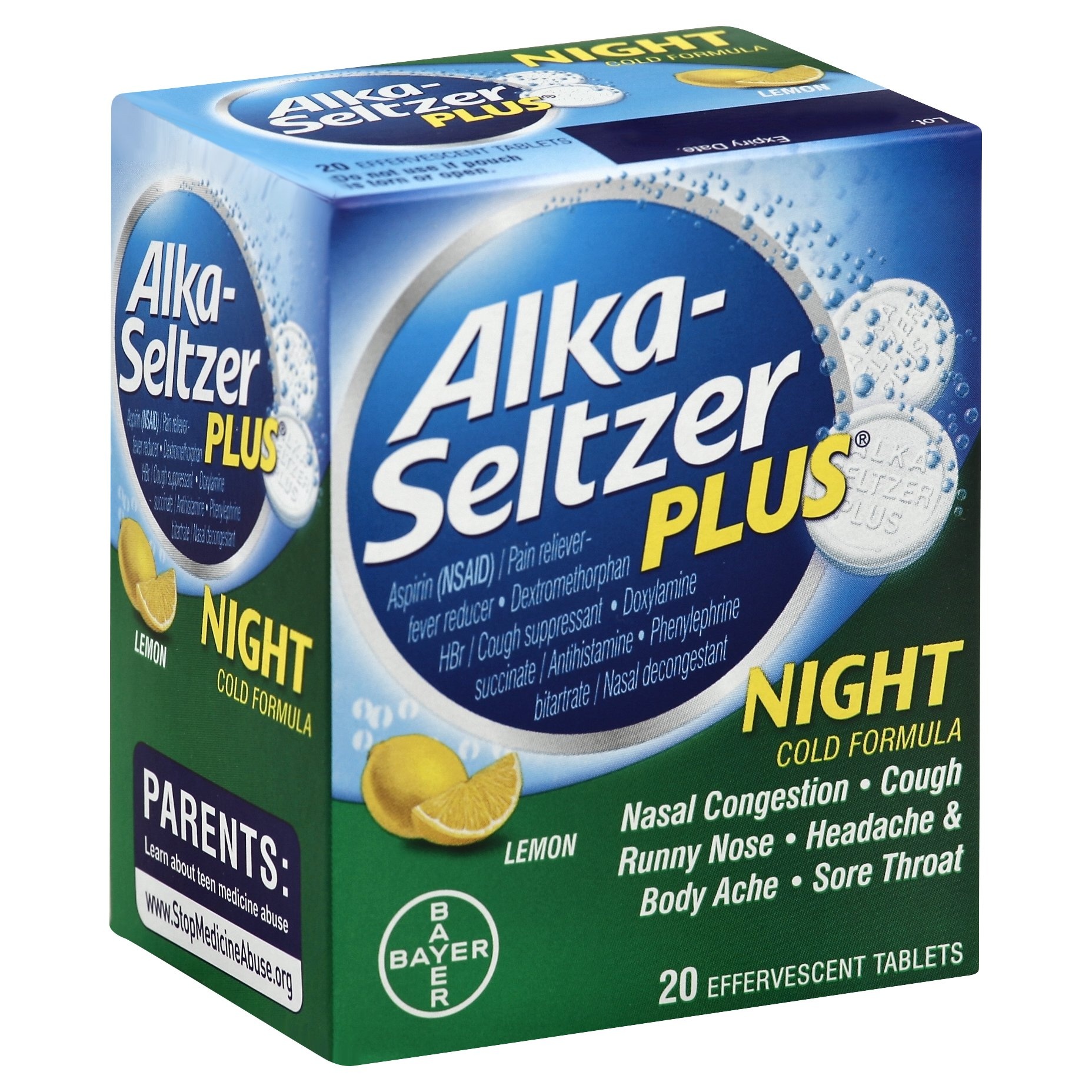 slide 1 of 1, Alka-Seltzer Plus Night Cold Formula Lemon Effervescent Tablets , 20 ct