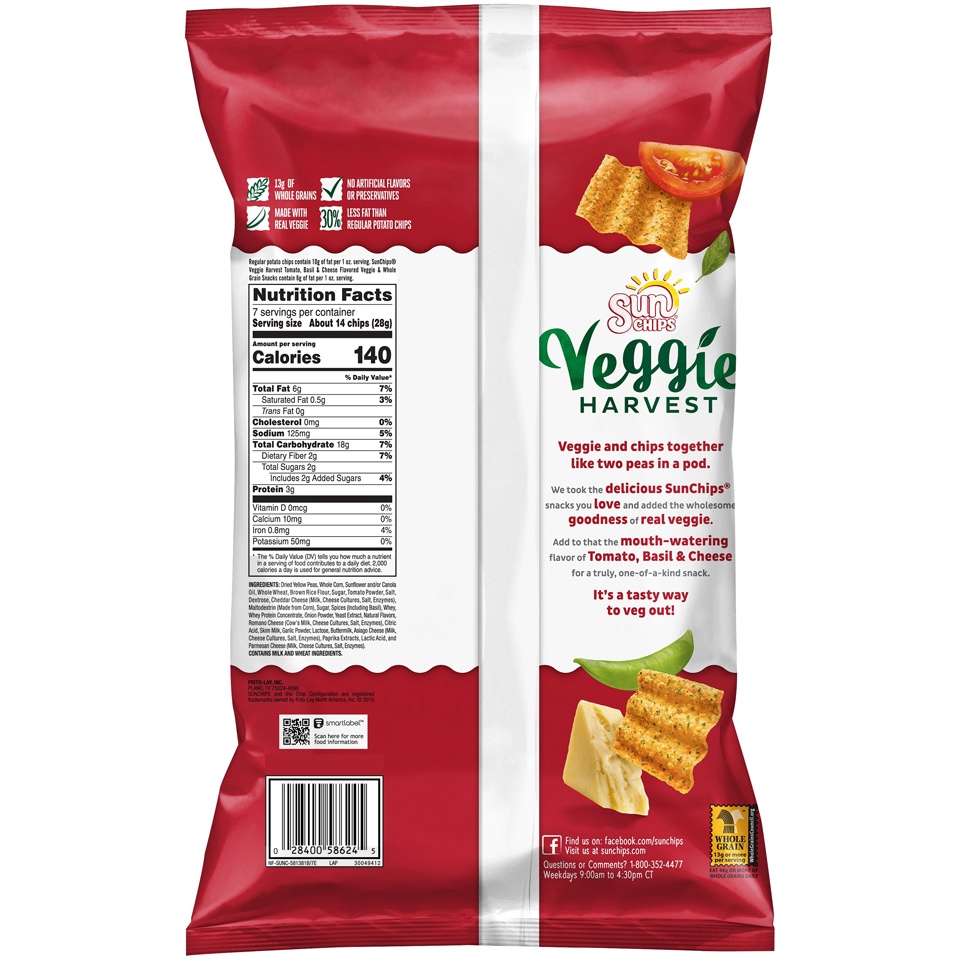 slide 2 of 4, SunChips Veggie Harvest Tomato, Basil & Cheese Wholegrain Chips, 7 oz