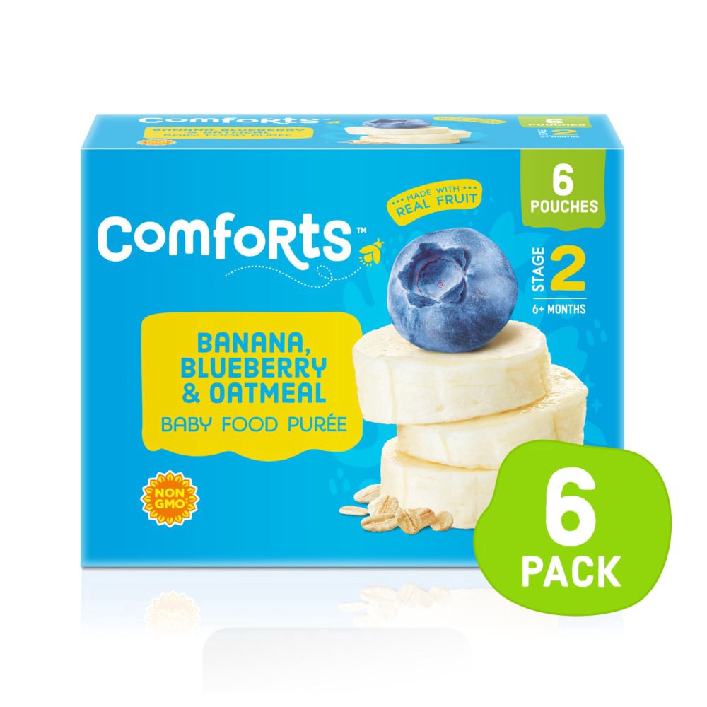 slide 1 of 2, Comforts Banana Blueberry & Oatmeal Baby Food Puree Pouches, 6 ct; 4 oz