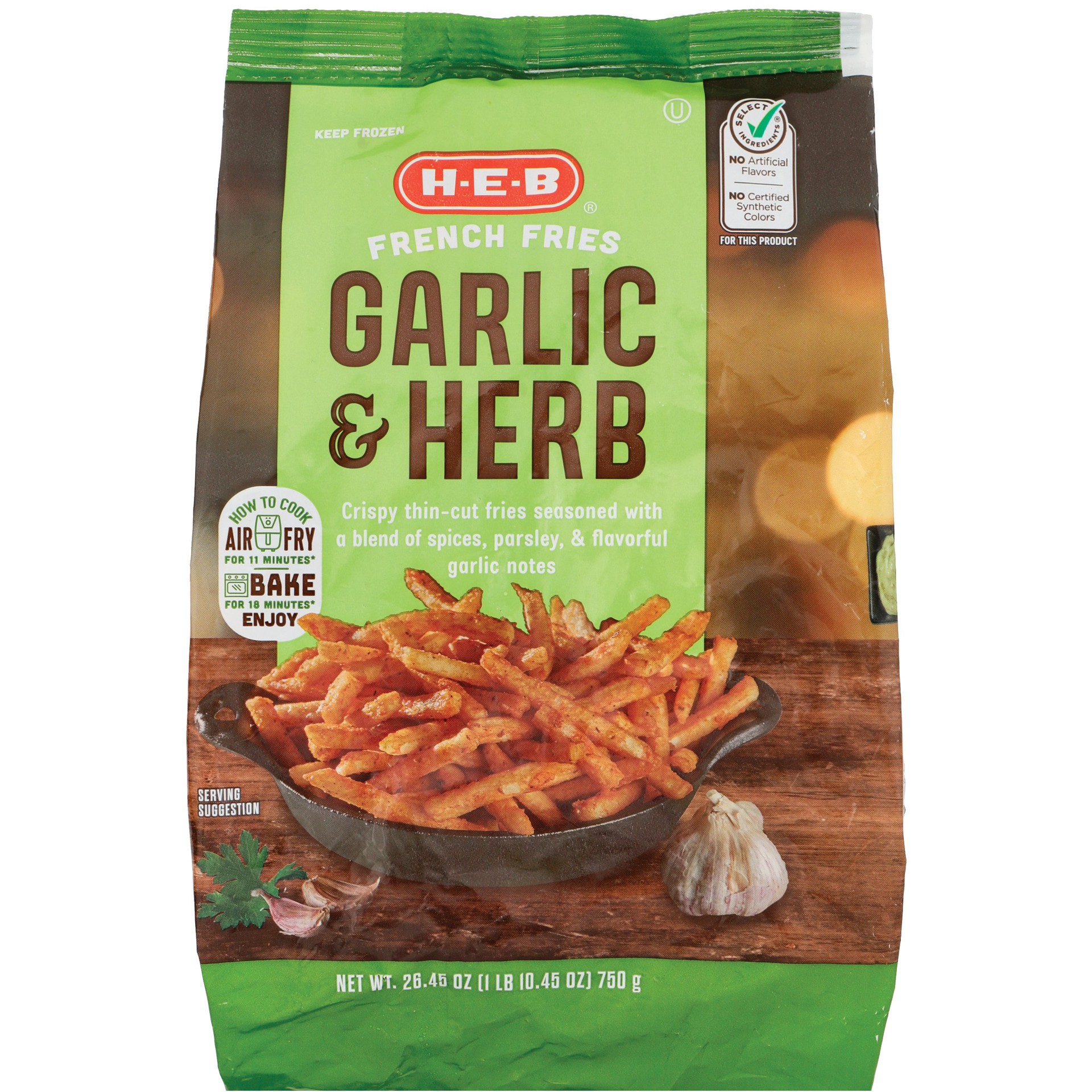 slide 1 of 1, H-E-B Garlic & Herb French Fries, 26.45 oz