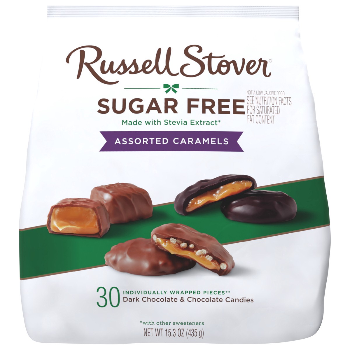 slide 1 of 14, RUSSELL STOVER Sugar Free Assorted Caramels in Chocolate Candy, 15.3 oz. bag, 17.6 oz