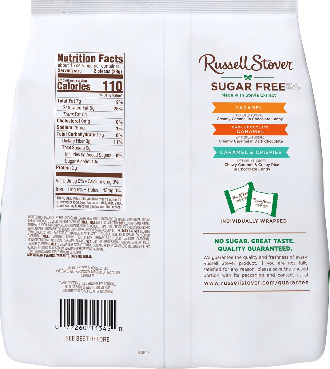 slide 11 of 14, RUSSELL STOVER Sugar Free Assorted Caramels in Chocolate Candy, 15.3 oz. bag, 17.6 oz
