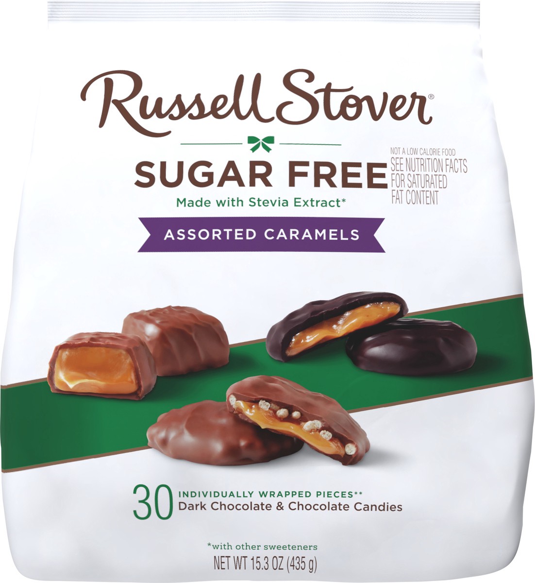 slide 9 of 14, RUSSELL STOVER Sugar Free Assorted Caramels in Chocolate Candy, 15.3 oz. bag, 17.6 oz