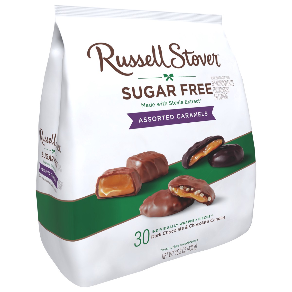 slide 3 of 14, RUSSELL STOVER Sugar Free Assorted Caramels in Chocolate Candy, 15.3 oz. bag, 17.6 oz