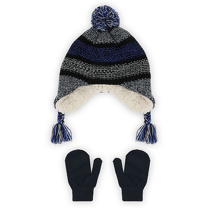 slide 1 of 2, Capelli New York Toddler Blue Stripe Pom Hat and Mitten Set, 2 ct