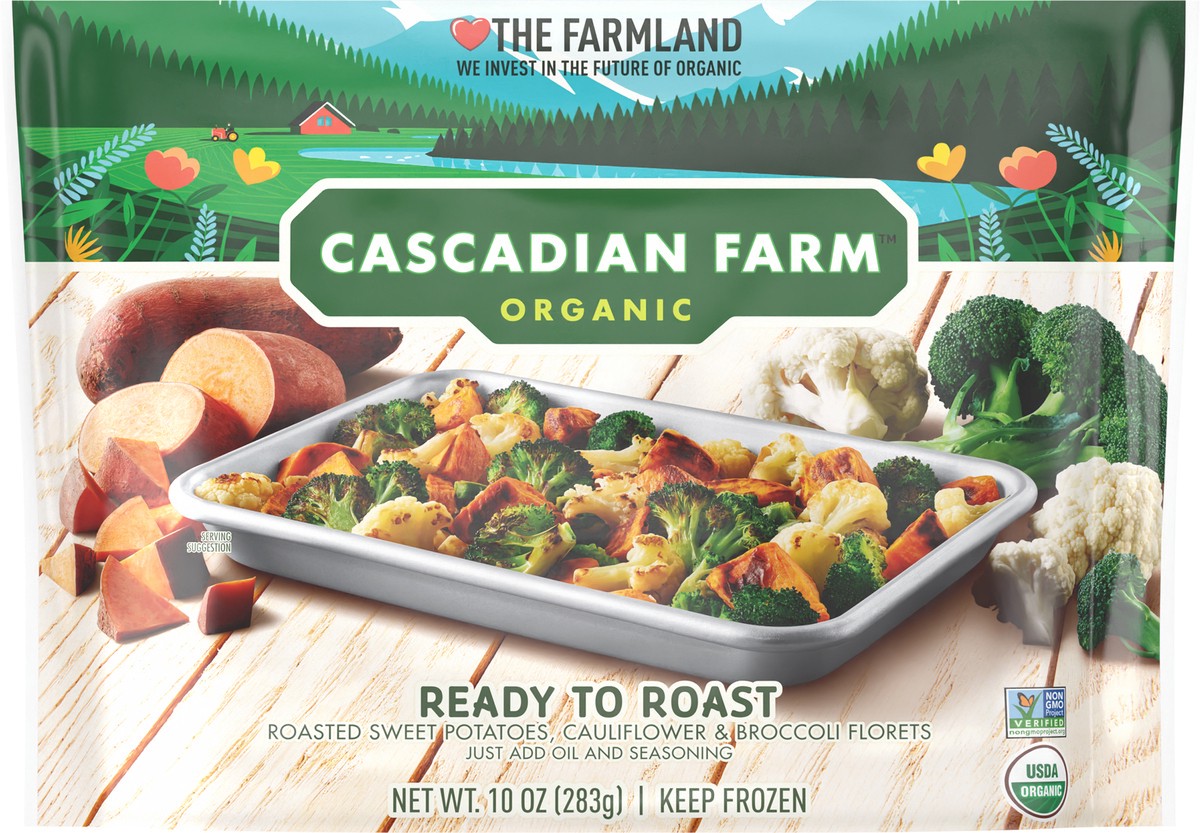 slide 13 of 13, Cascadian Farm Organic Ready To Roast Vegetables with Roasted Sweet Potatoes, Cauliflower and Broccoli, Frozen Vegetables, Non-GMO, 10 oz, 10 oz