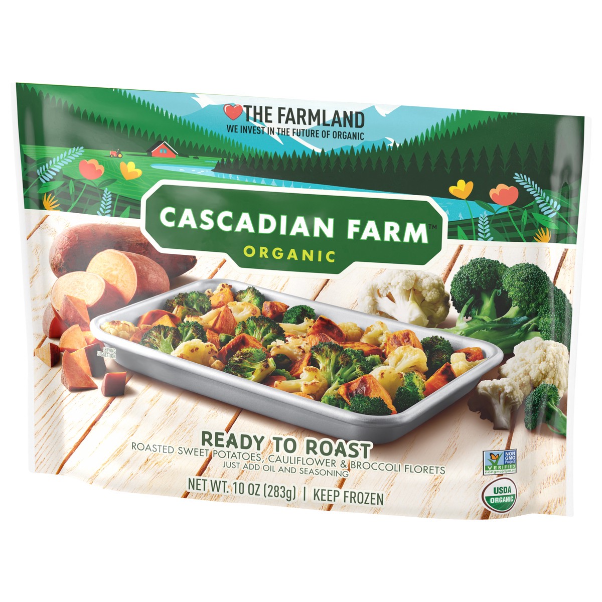 slide 2 of 13, Cascadian Farm Organic Ready To Roast Vegetables with Roasted Sweet Potatoes, Cauliflower and Broccoli, Frozen Vegetables, Non-GMO, 10 oz, 10 oz