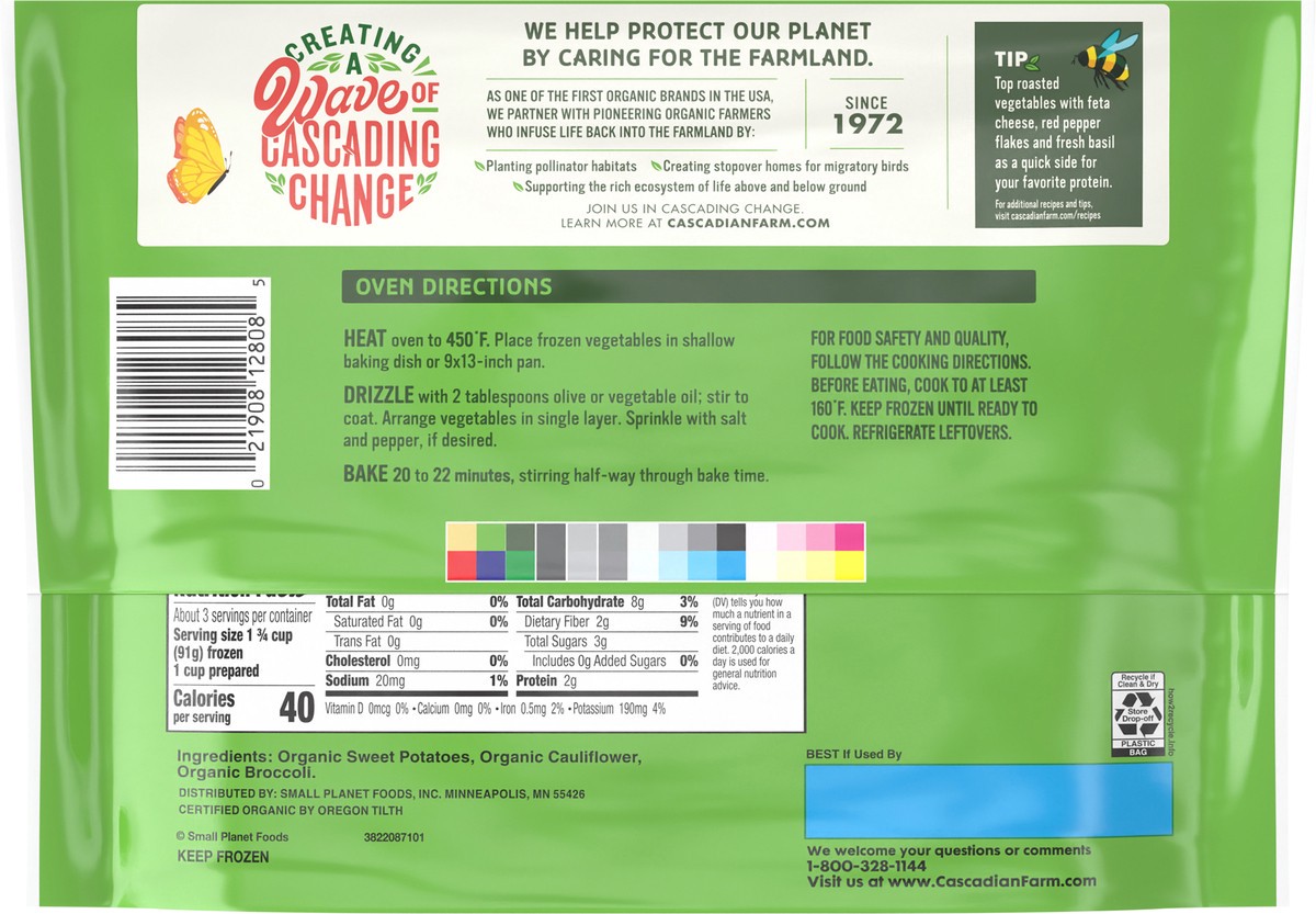 slide 12 of 13, Cascadian Farm Organic Ready To Roast Vegetables with Roasted Sweet Potatoes, Cauliflower and Broccoli, Frozen Vegetables, Non-GMO, 10 oz, 10 oz