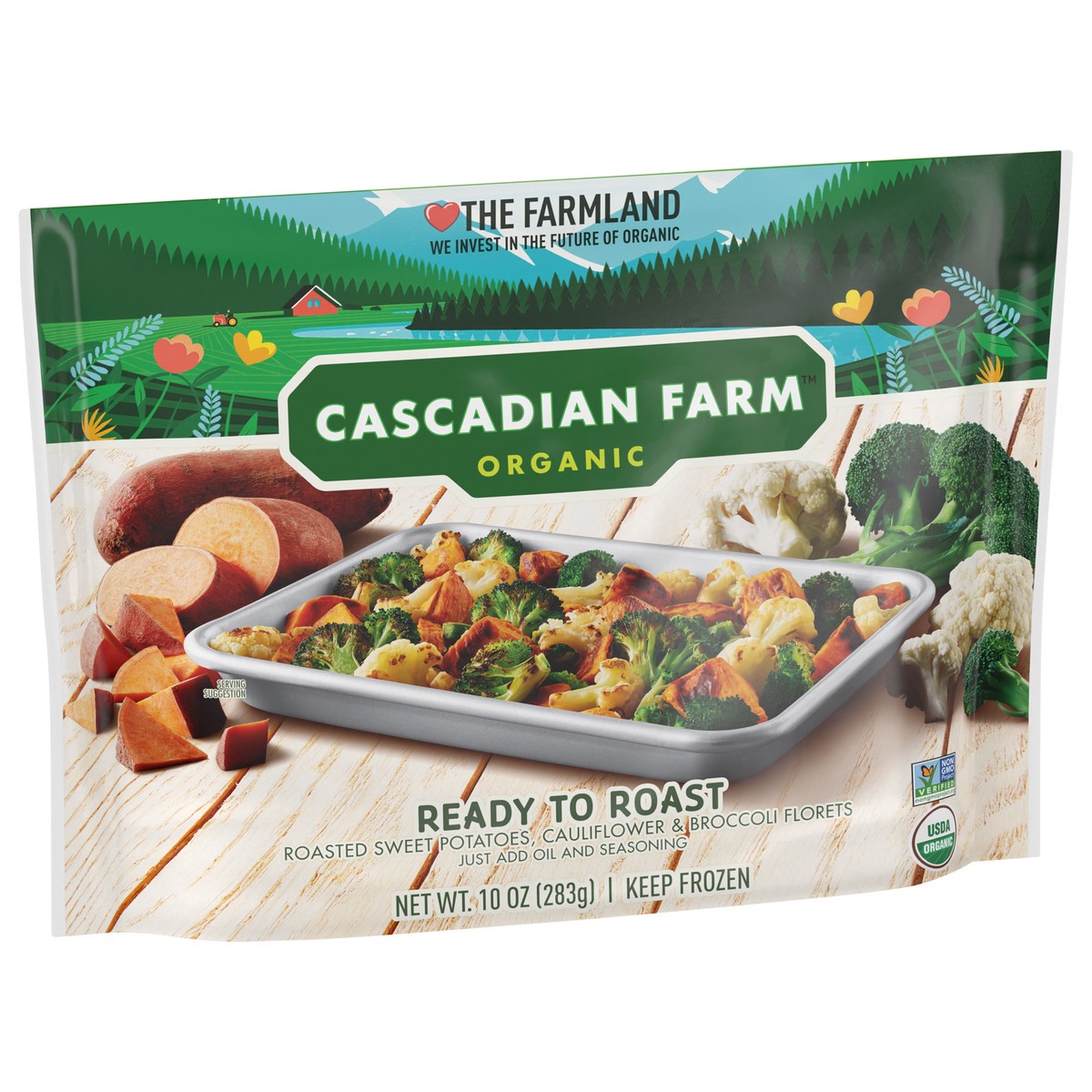 slide 6 of 13, Cascadian Farm Organic Ready To Roast Vegetables with Roasted Sweet Potatoes, Cauliflower and Broccoli, Frozen Vegetables, Non-GMO, 10 oz, 10 oz
