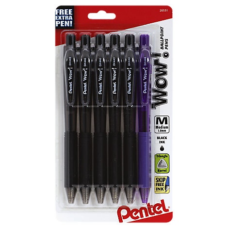 slide 1 of 1, Wow Retractable Ball Point Pen Medium Line Black Ink - 5 Package, 1 ct