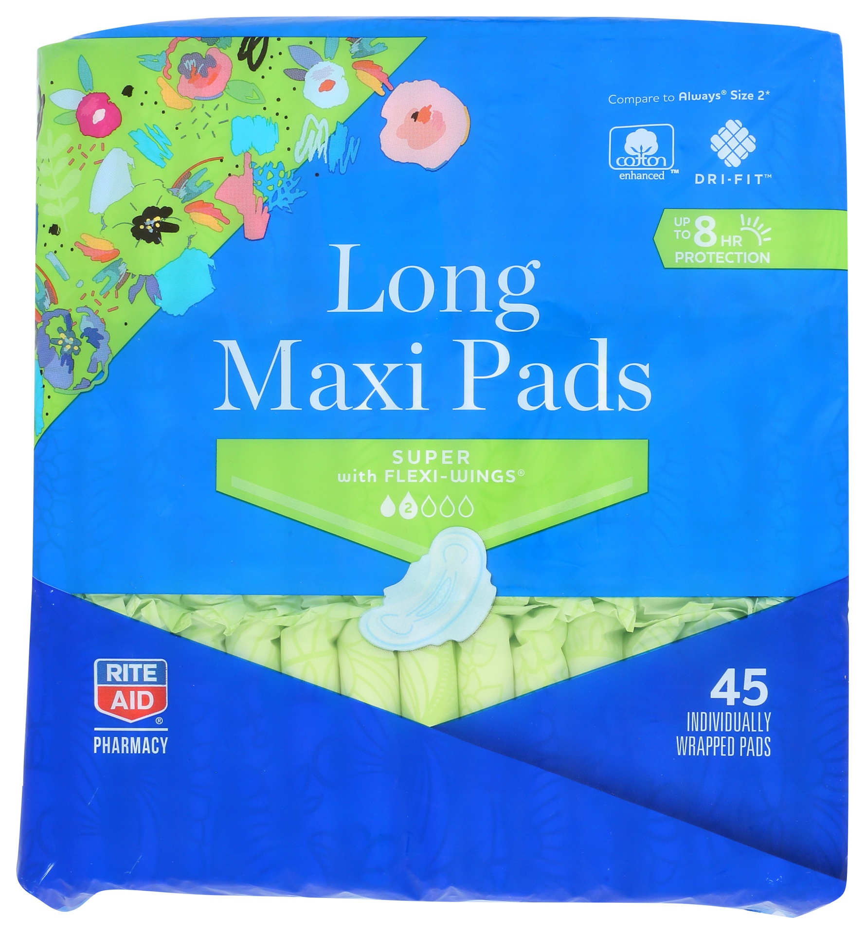 slide 1 of 1, Rite Aid Long Maxi Pads, Super, Flexi-Wings, 45 ct