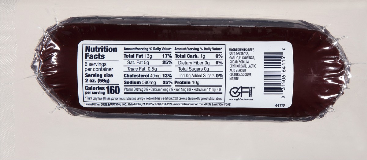 slide 9 of 9, Dietz & Watson Beef & Garlic Summer Sausage 12 oz, 12 oz