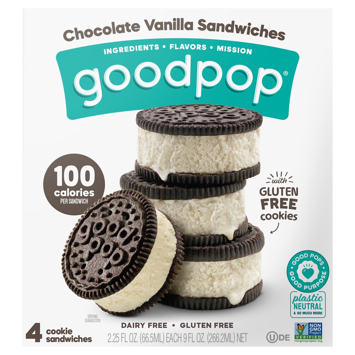 slide 1 of 9, GoodPop Chocolate Vanilla Sandwiches Dairy-Free Oat Milk Frozen Desserts, 4 Ct, 4 ct