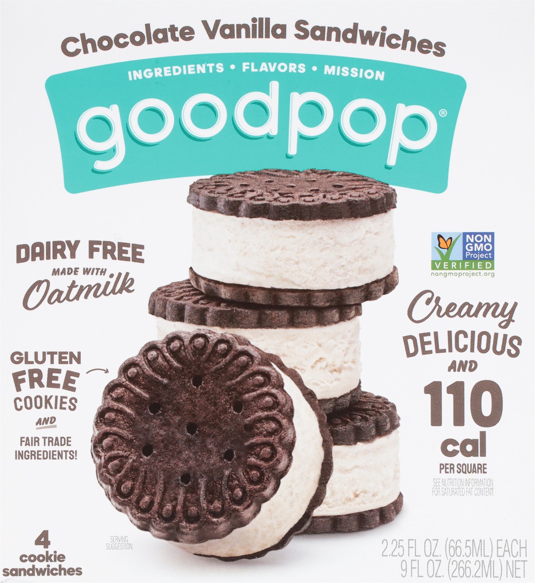 slide 8 of 9, GoodPop Chocolate Vanilla Sandwiches Dairy-Free Oat Milk Frozen Desserts, 4 Ct, 4 ct