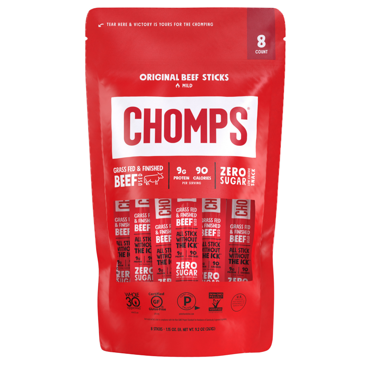 slide 1 of 1, Chomps Grass-Fed and Finished Original Beef 8 Pack, 1.15oz Sticks, 8 ct