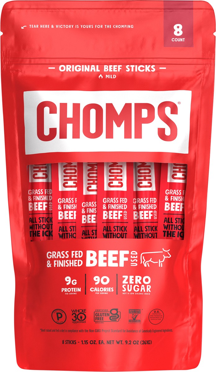 slide 2 of 3, Chomps Grass-Fed and Finished Original Beef 8 Pack, 1.15oz Sticks, 8 ct