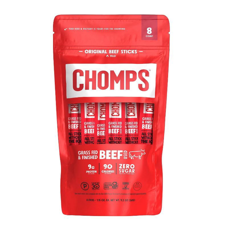 slide 1 of 3, Chomps Grass-Fed and Finished Original Beef 8 Pack, 1.15oz Sticks, 8 ct