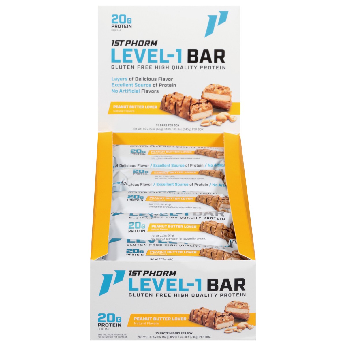slide 1 of 13, 1st Phorm Peanut Butter Lover Level-1 Bar 15 - 2.22 oz Bars, 15 ct