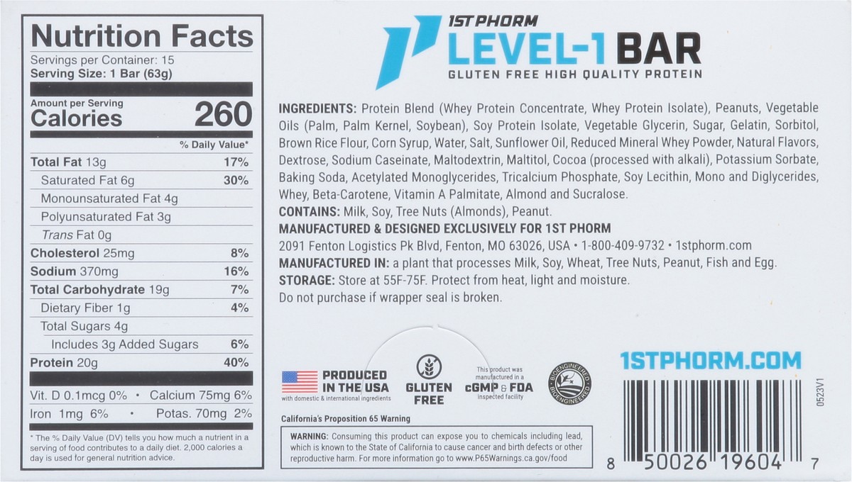 slide 2 of 13, 1st Phorm Peanut Butter Lover Level-1 Bar 15 - 2.22 oz Bars, 15 ct