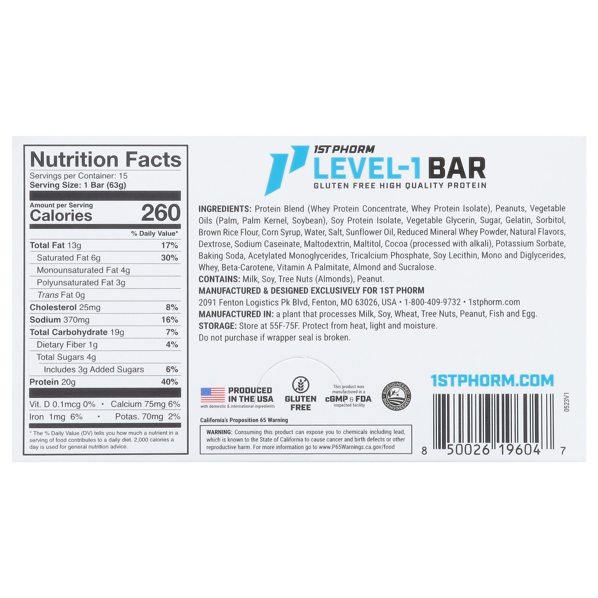 slide 5 of 13, 1st Phorm Peanut Butter Lover Level-1 Bar 15 - 2.22 oz Bars, 15 ct