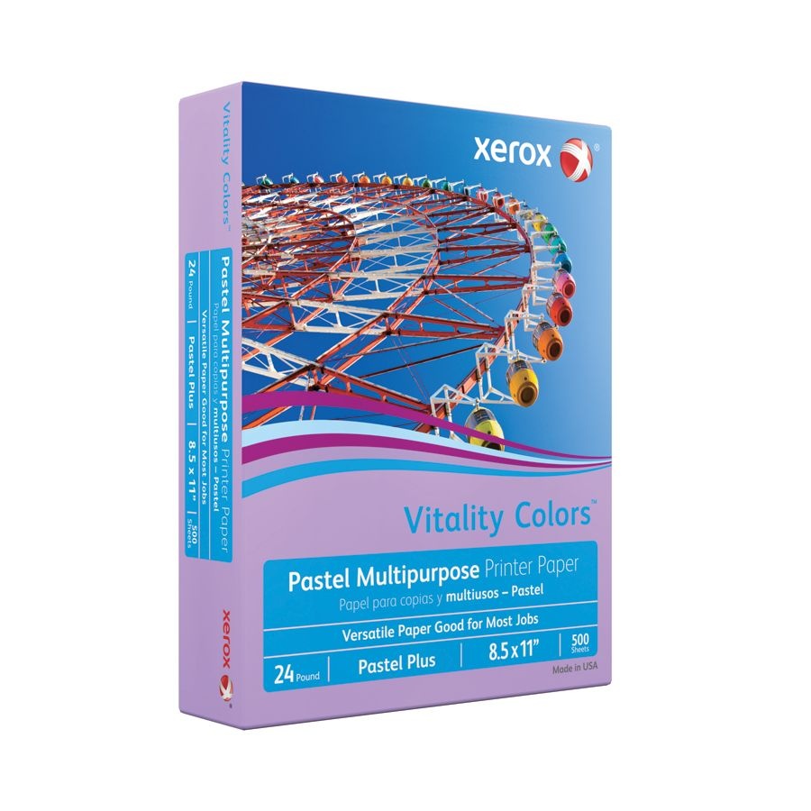 slide 2 of 3, Xerox Vitality Colors Pastel Plus Multi-Use Printer Paper, Letter Size (8 1/2'' X 11''), 24 Lb, 30% Recycled, Lilac, Ream Of 500 Sheets, 500 ct