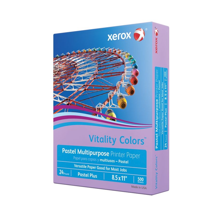 slide 3 of 3, Xerox Vitality Colors Pastel Plus Multi-Use Printer Paper, Letter Size (8 1/2'' X 11''), 24 Lb, 30% Recycled, Lilac, Ream Of 500 Sheets, 500 ct