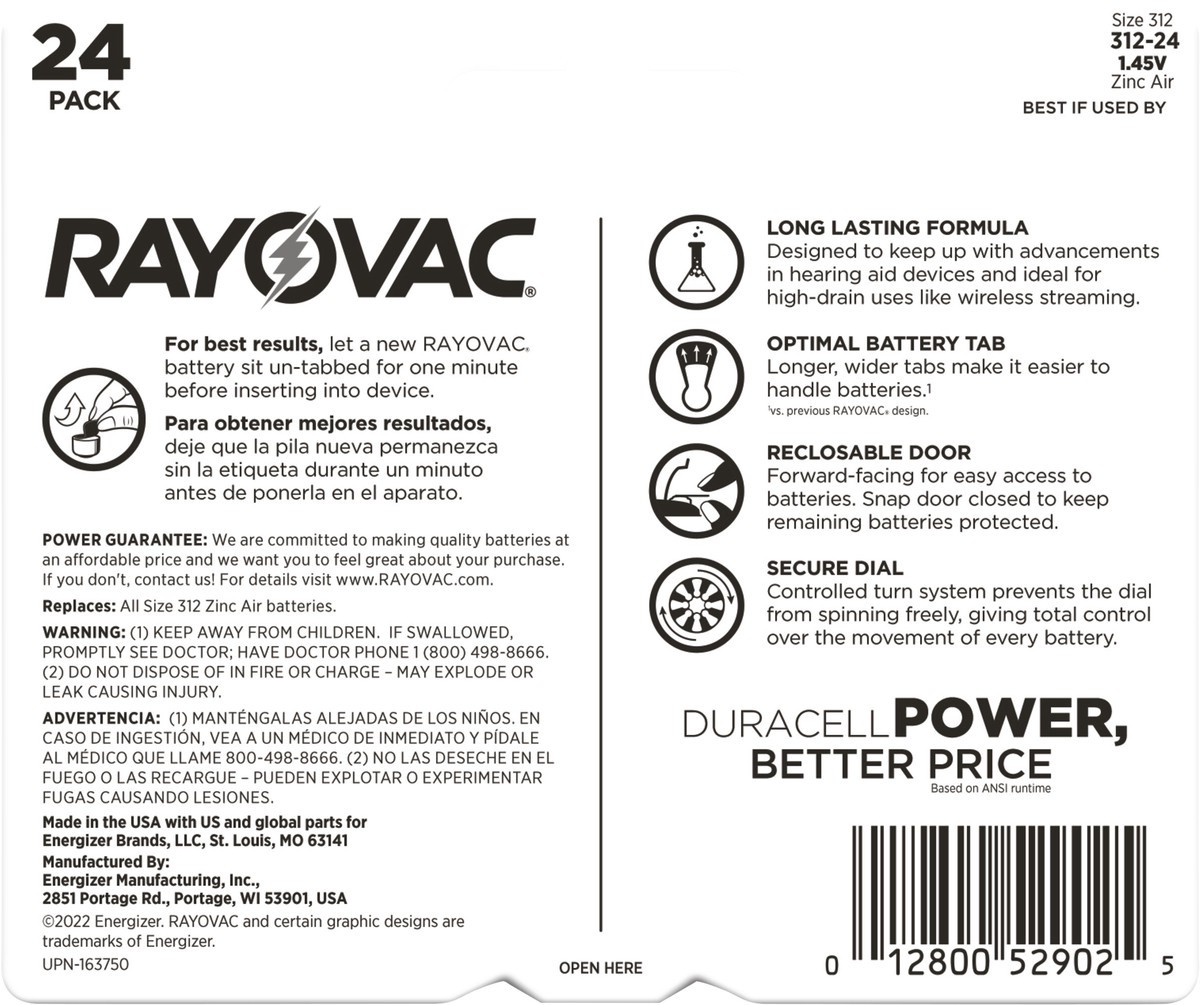 slide 2 of 3, Rayovac Size 312 Hearing Aid Batteries, Size 312 Batteries, 24 Count, 24 ct