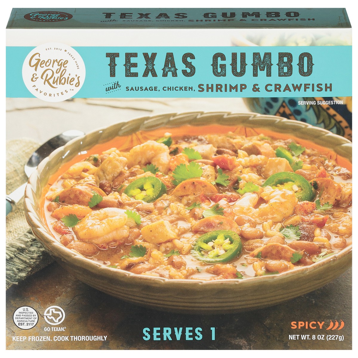 slide 1 of 9, George & Rubie's Favorites Spicy Texas Gumbo with Sausage, Chicken, Shrimp & Crawfish 8 oz, 8 oz