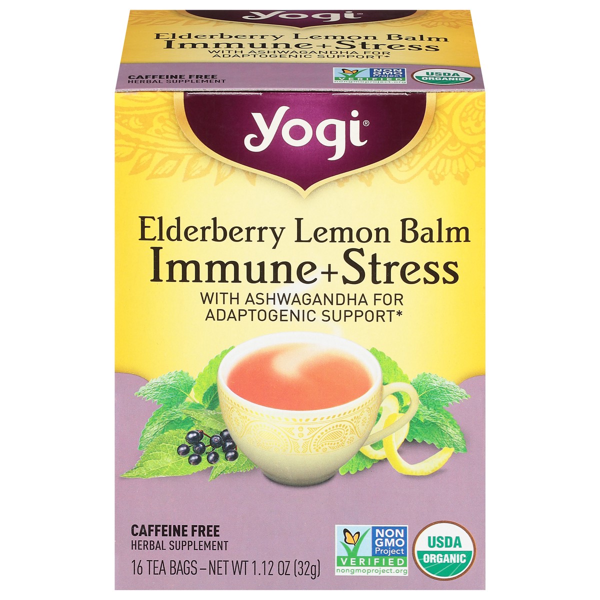 slide 10 of 10, Yogi Tea Elderberry Lemon Balm Immune Plus Stress, Herbal Tea Bags, 16 Count, 16 ct