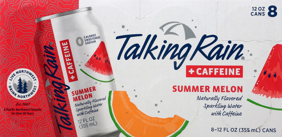 slide 6 of 8, Talking Rain Sparkling Water +Caffeine Summer Melon 8 Pack/12oz Can, 8 ct; 12 fl oz