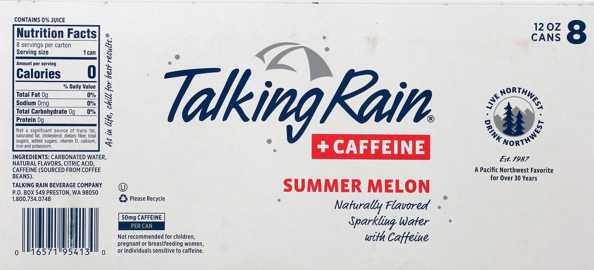 slide 8 of 8, Talking Rain Sparkling Water +Caffeine Summer Melon 8 Pack/12oz Can, 8 ct; 12 fl oz