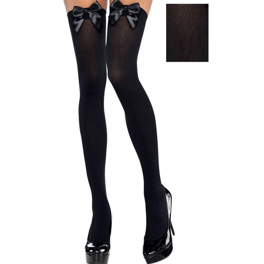 slide 1 of 1, Party City Adult Black Bows Opaque Thigh High Stockings, 1 ct