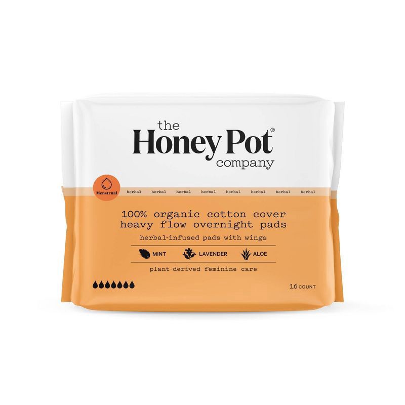 slide 1 of 6, The Honey Pot Company Heavy Flow Overnight Pads with Wings 16 ea, 16 ct