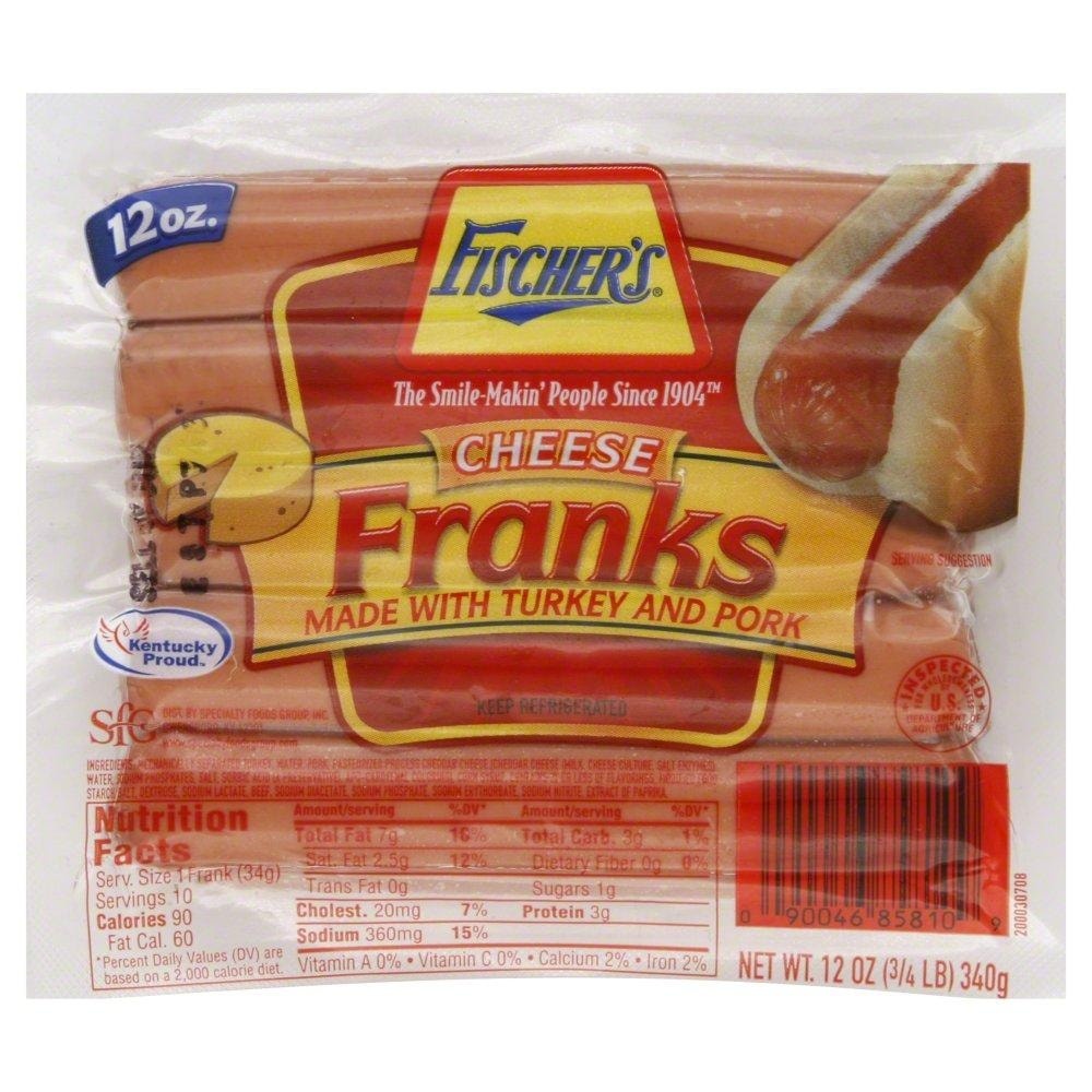 slide 1 of 1, Fischer's Cheese Franks, 12 oz