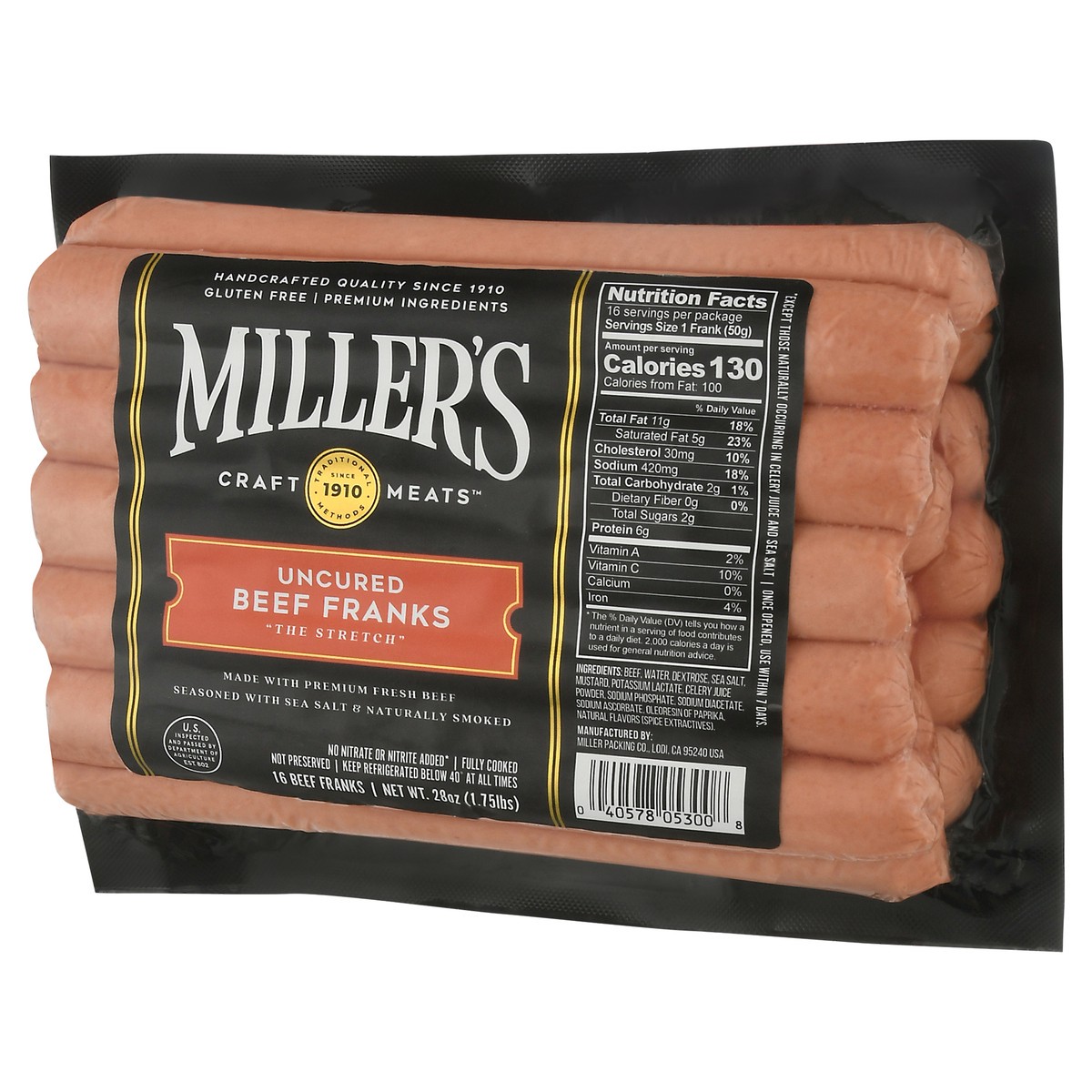 slide 6 of 12, Miller's Craft Meats Uncured Beef Franks 16 ea, 16 ct