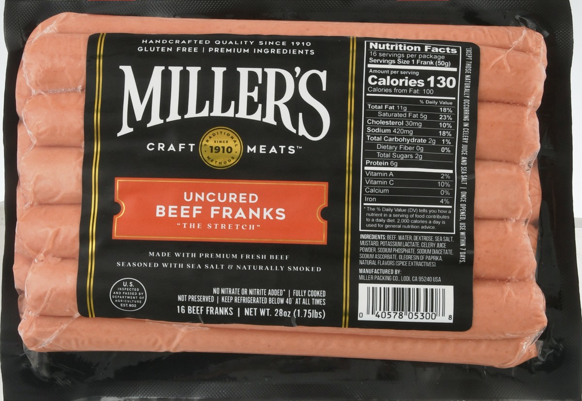 slide 2 of 12, Miller's Craft Meats Uncured Beef Franks 16 ea, 16 ct