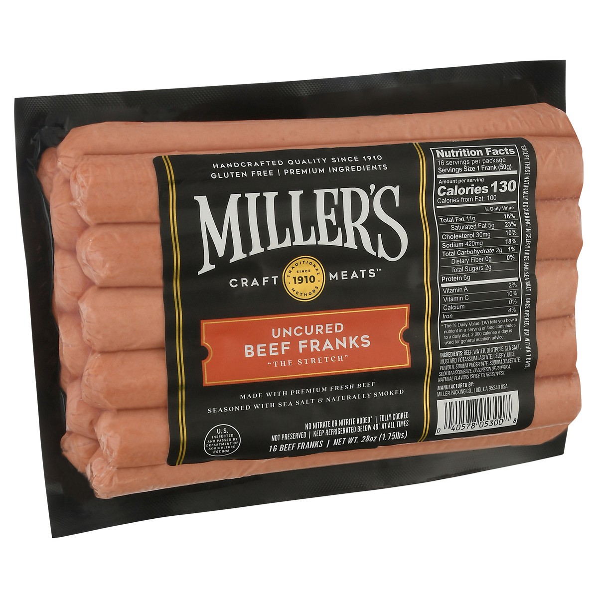 slide 11 of 12, Miller's Craft Meats Uncured Beef Franks 16 ea, 16 ct