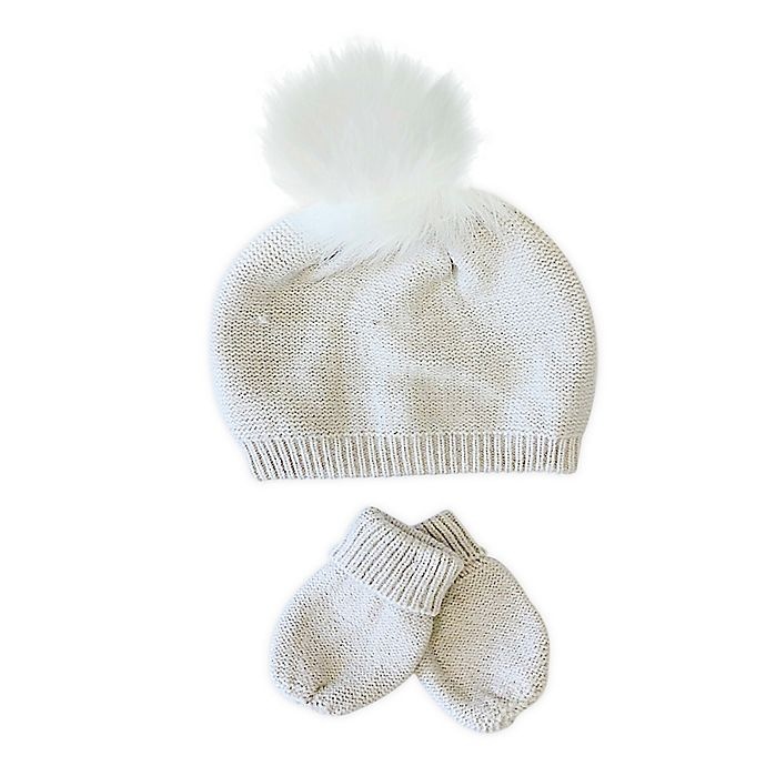 slide 1 of 1, NYGB Toddler Faux Fur Pom Hat and Mitten Set - Stone, 2 ct