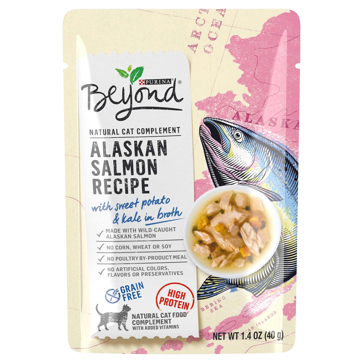 slide 1 of 1, Beyond Purina Grain Free, High Protein Wet Cat Food Complement; Alaskan Salmon with Sweet Potato & Kale, 1.4 oz