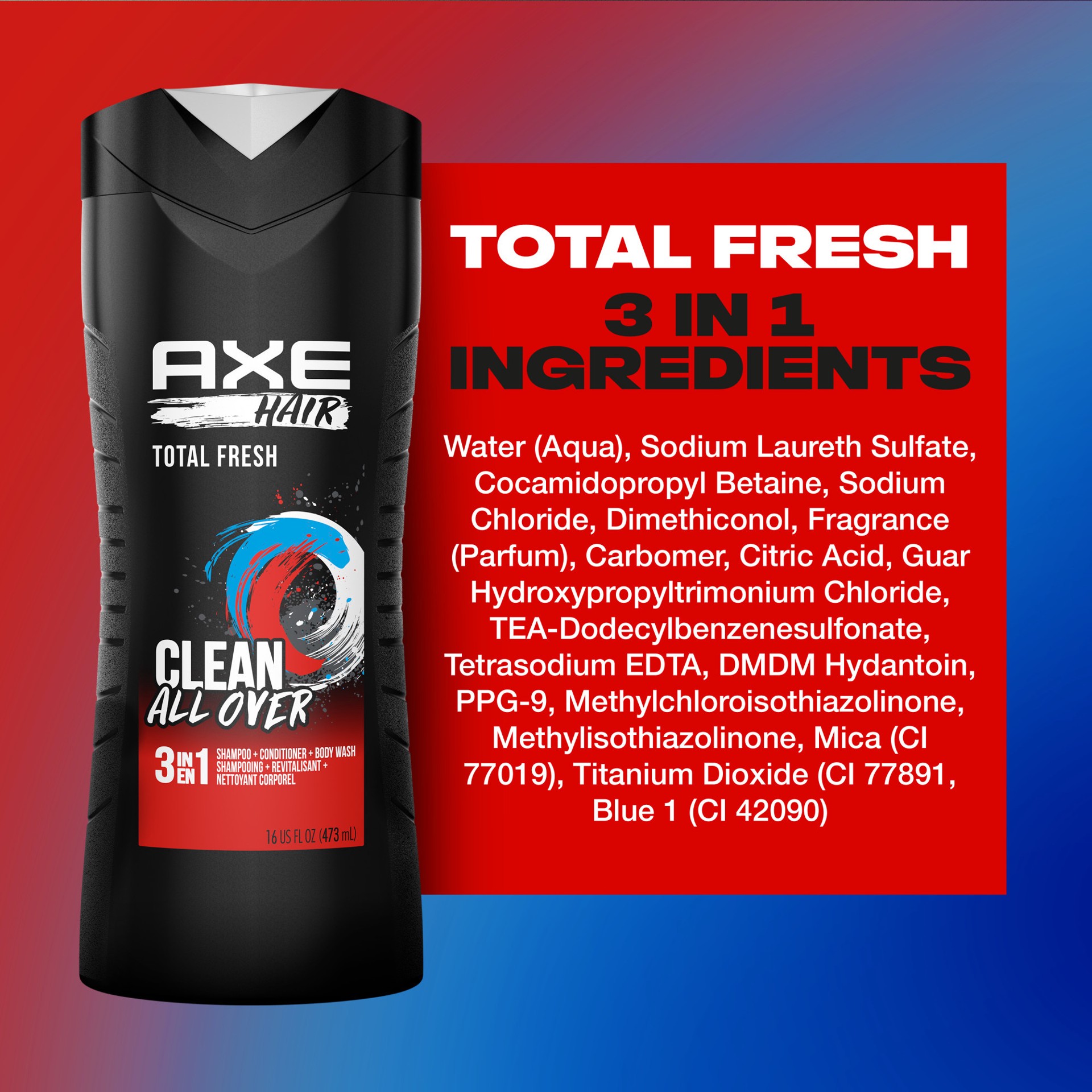 slide 5 of 5, AXE 3-in-1 Body Wash Shampoo & Conditioner Total Fresh, 16 oz, 16 oz