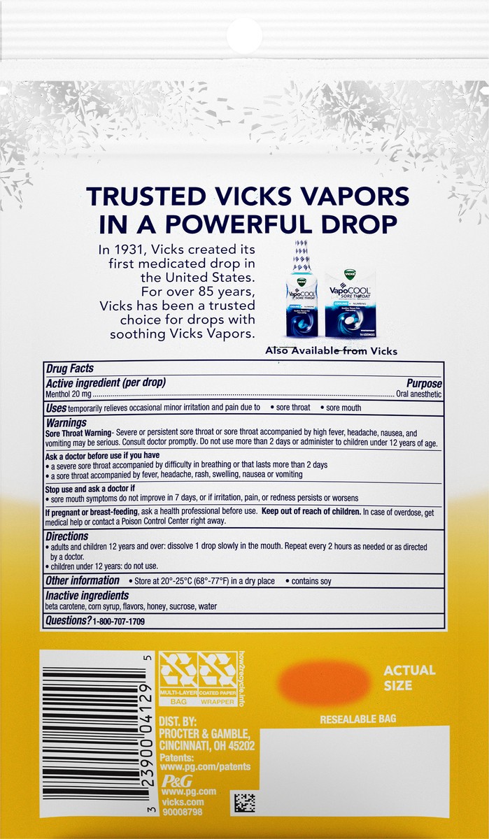 slide 2 of 3, Vicks VapoCOOL SEVERE Medicated Lozenges, Honey Lemon Chill, 18 Drops – Soothe Sore Throat Pain Caused by Cough, 18 ct