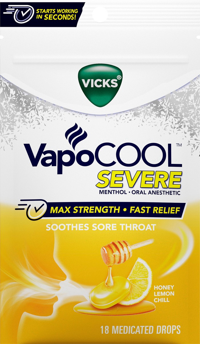 slide 3 of 3, Vicks VapoCOOL SEVERE Medicated Lozenges, Honey Lemon Chill, 18 Drops – Soothe Sore Throat Pain Caused by Cough, 18 ct