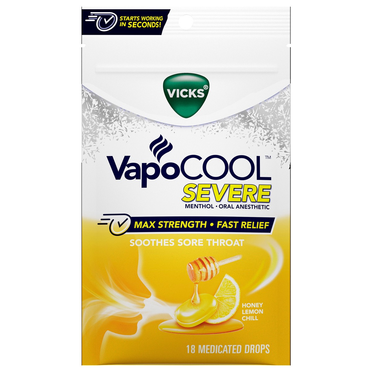 slide 1 of 3, Vicks VapoCOOL SEVERE Medicated Lozenges, Honey Lemon Chill, 18 Drops – Soothe Sore Throat Pain Caused by Cough, 18 ct