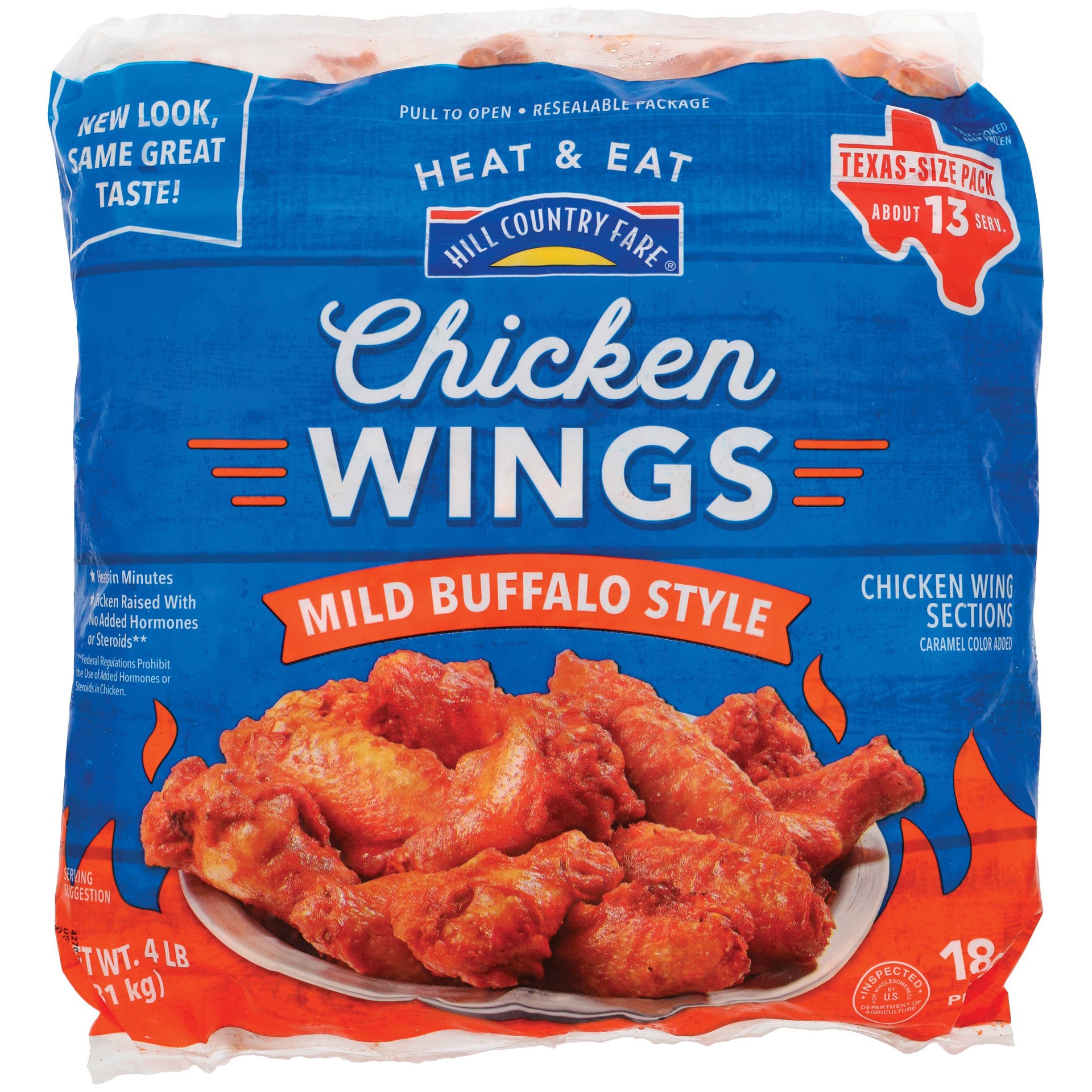 slide 1 of 1, Hill Country Fare Heat & Eat Frozen Chicken Hot Wings - Mild Buffalo Style, 4 lb