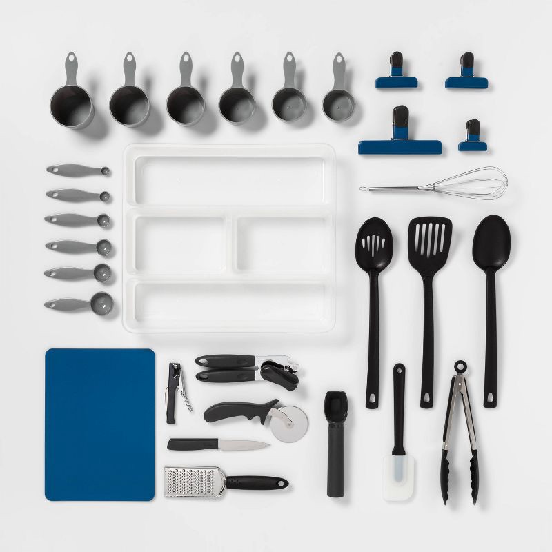 slide 1 of 2, 30pc Kitchen Utensil Set - Room Essentials™: Stainless Steel Cooking Tools, Includes Measuring Spoons, Tongs, Whisk, 30 ct