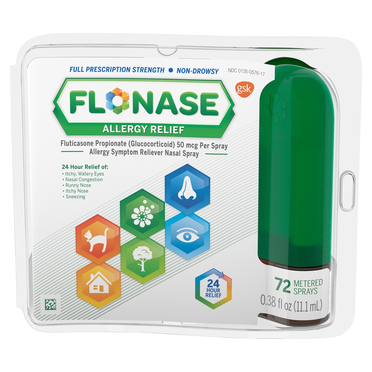 slide 1 of 1, Flonase Allergy Relief Nasal Spray, 24 Hour Non Drowsy Allergy Medicine, Metered Nasal Spray - 72 Sprays, 0.38 fl oz