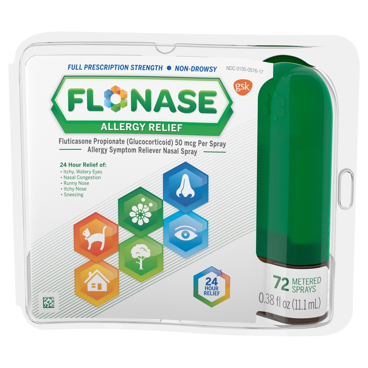 slide 1 of 9, Flonase 24Hour Allergy Relief Nasal Spray, 0.38 fl oz