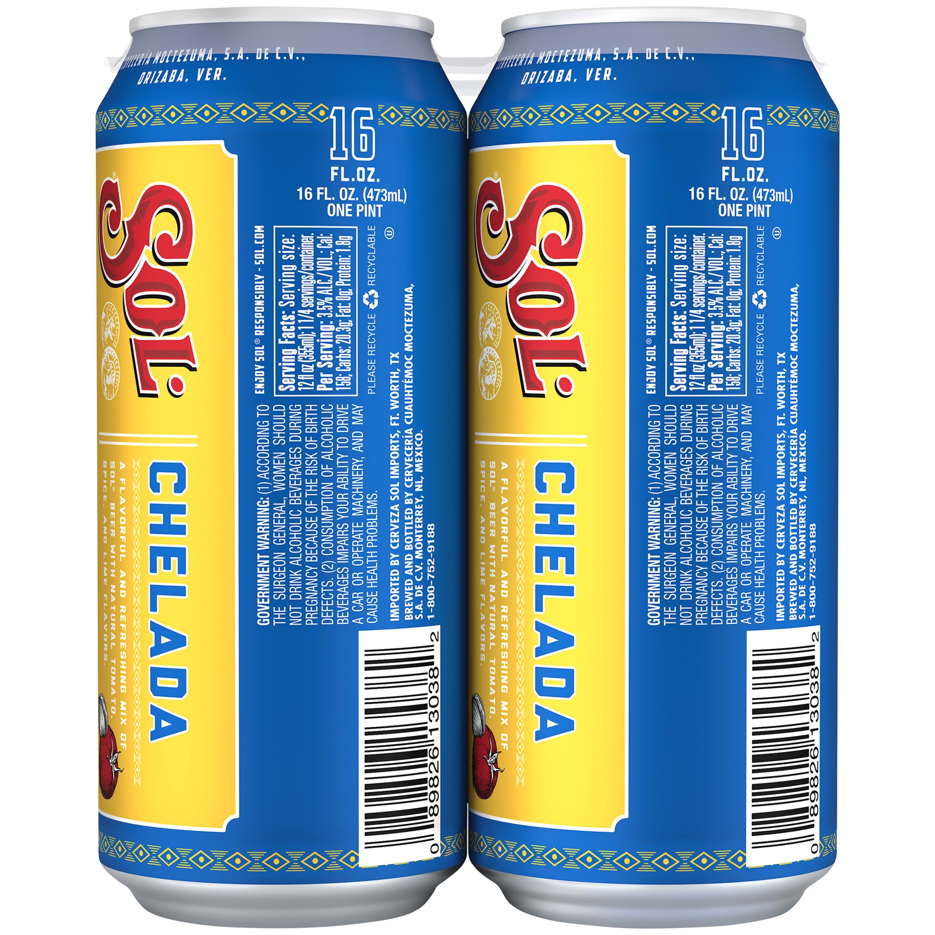 slide 4 of 5, Sol Chelada Flavored Mexican Beer, 4 Pack, 16 fl oz Cans, 3.5% ABV, 16 fl oz