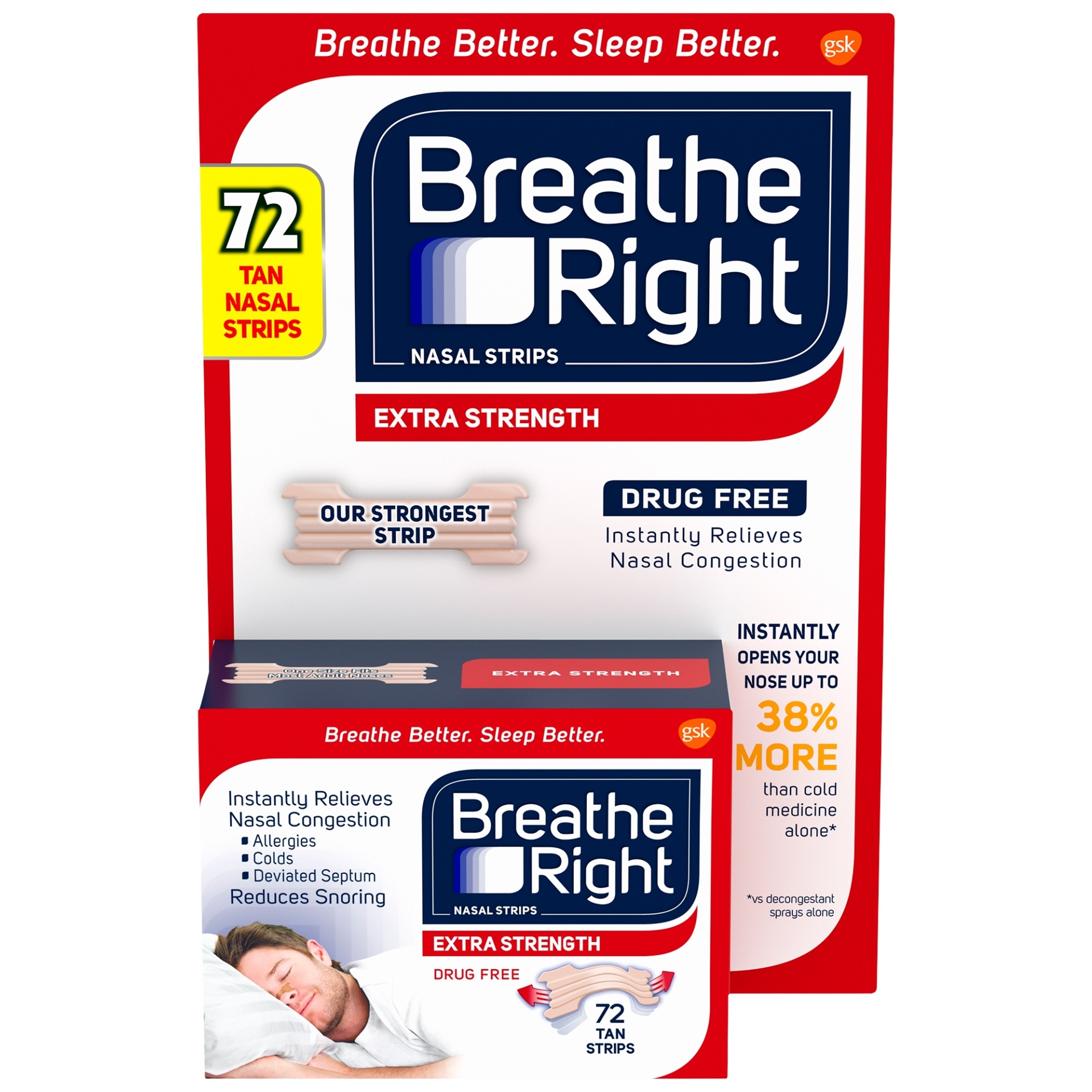 slide 1 of 1, Breathe Right Extra Strength Nasal Strips, Tan 72 ct, 